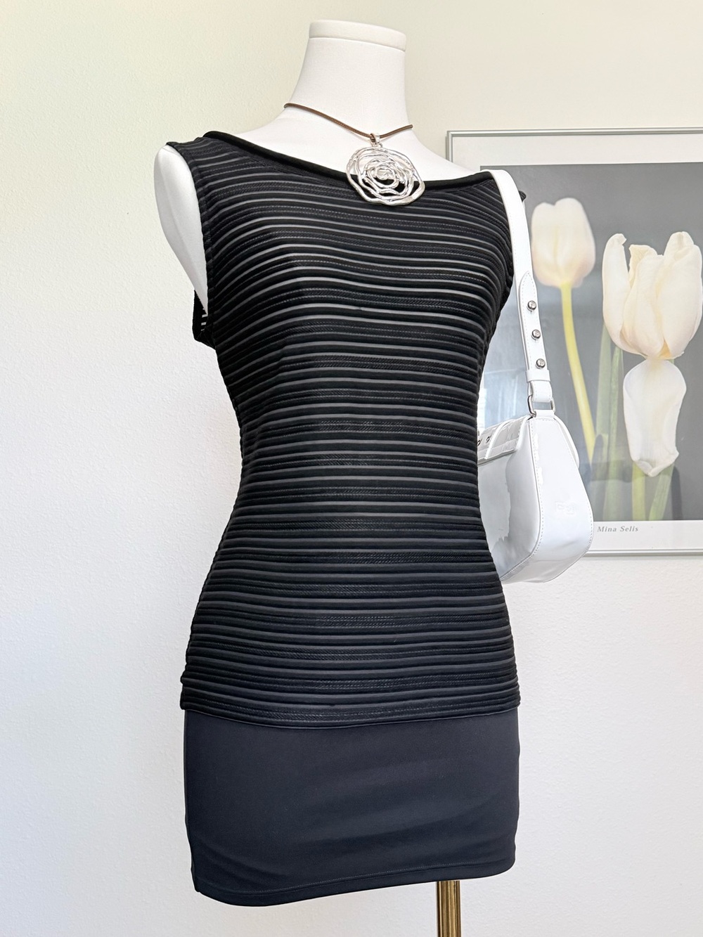 Armani Collezioni Sheer Striped Boatneck Sleeveless Top 90s Y2K Minimalist
